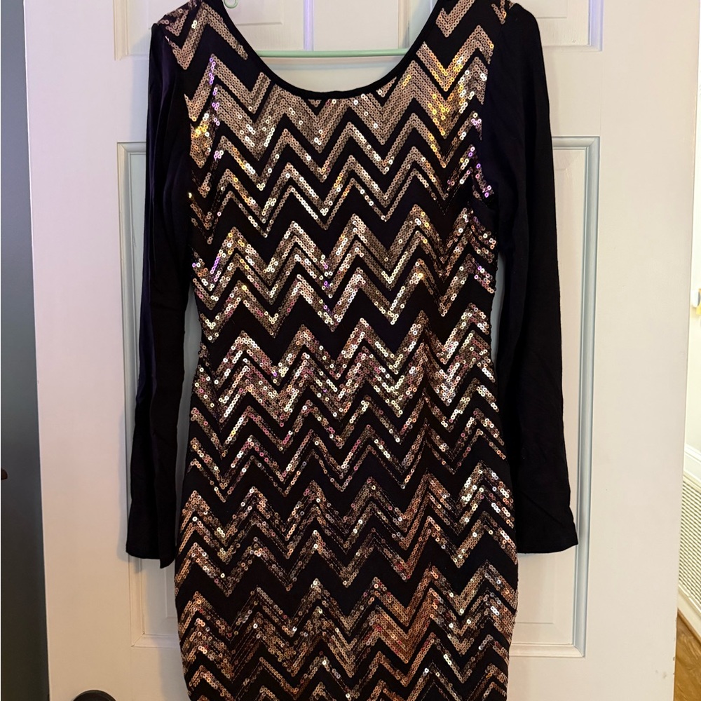 Black and Gold Sequin Chevron Dress